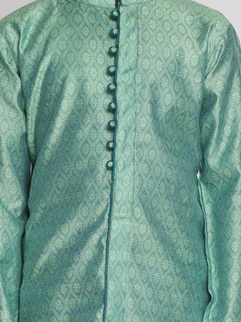 VASTRAMAY Boys' Green Banarasi Silk Jacquard Kurta Pyjama Set – Traditional Ethnic Wear for Weddings, Festivals & Celebrations (VASBK105GNnPVGN_32) - Image 4