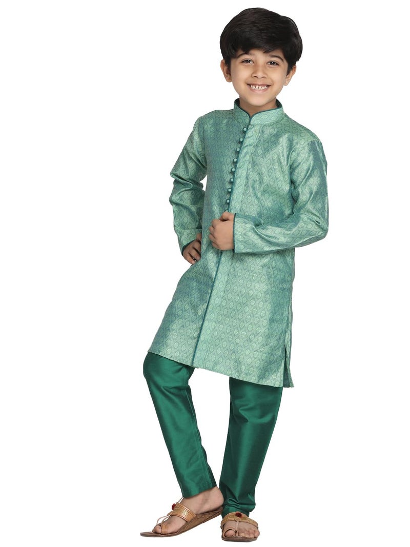 VASTRAMAY Boys' Green Banarasi Silk Jacquard Kurta Pyjama Set – Traditional Ethnic Wear for Weddings, Festivals & Celebrations (VASBK105GNnPVGN_32) - Image 1