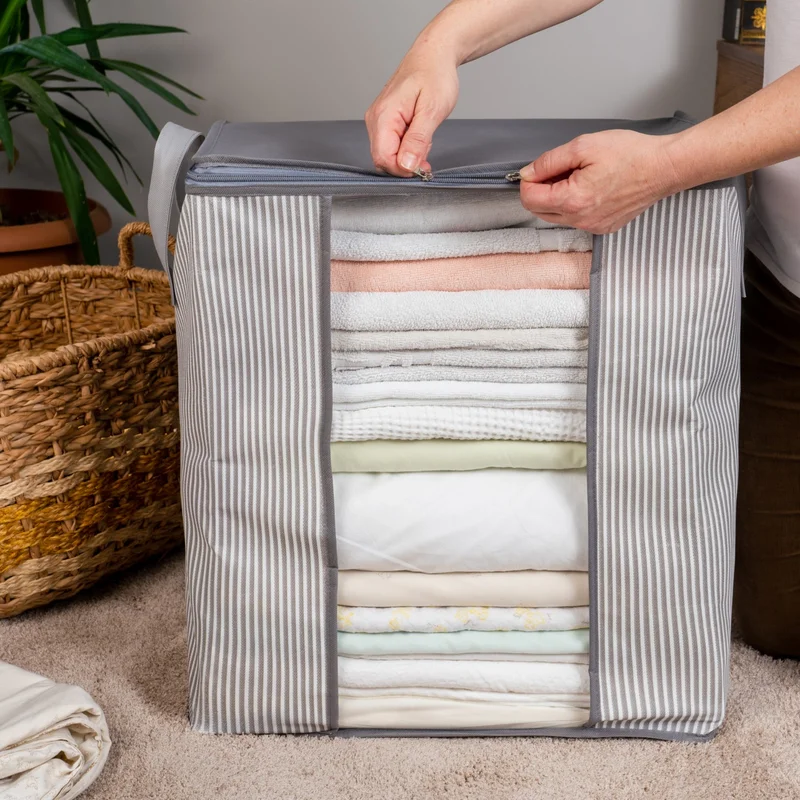 Nacarev 4 Pieces Window Line Pattern Printed Gray Pillow Cover Blanket Organizer Storage Bag Set 45x30x50 cm