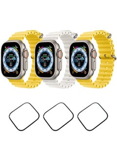 vesus Silicone Ocean Band Strap for Apple Watch Ultra 8 49mm Yellow,White and Yellow Set of 3 with 3* 49mm Watch glass 