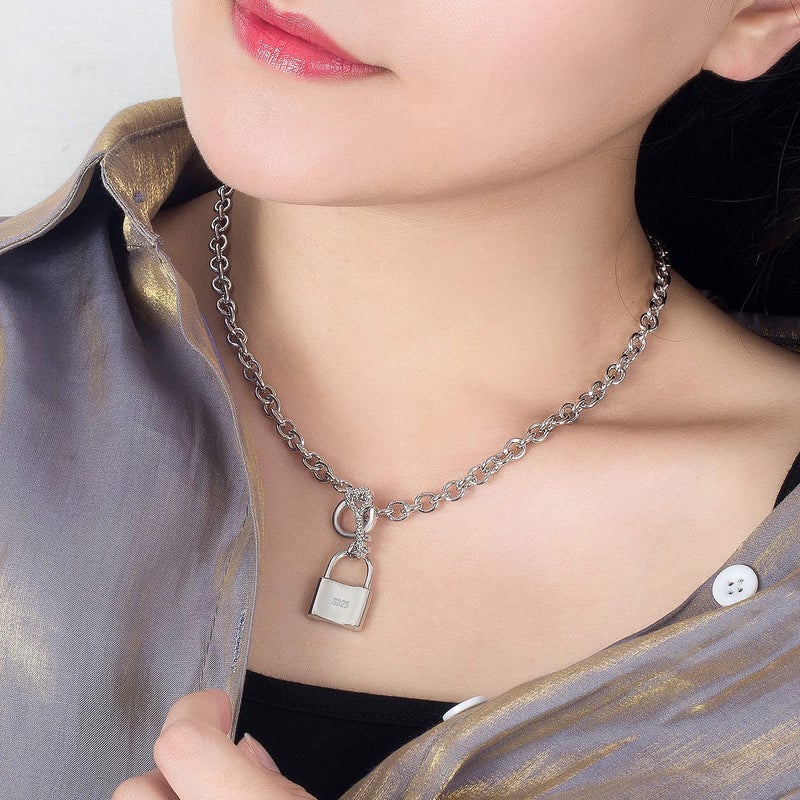 Dankadi Women 925 Sterling Silver Key Lock Pendant Necklace Fashion Solid Silver Rolo Chain Charm Choker Accessories Fine Jewelry Gift (18 inches) - Image 2