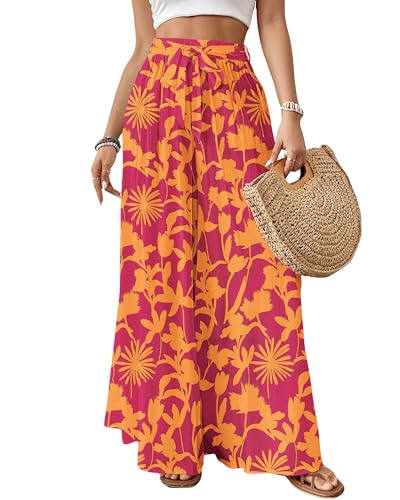 Bsubseach Wide Leg Pants Woman Flowy Floral Palazzo Pants for Women High Waisted Summer Casual Trousers Cruise Outfits Orange and Red XL - Image 1