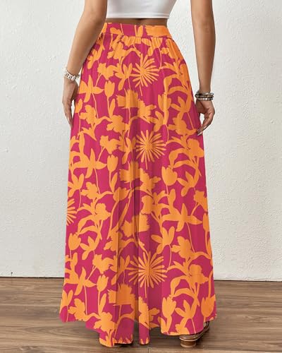 Bsubseach Wide Leg Pants Woman Flowy Floral Palazzo Pants for Women High Waisted Summer Casual Trousers Cruise Outfits Orange and Red XL - Image 5