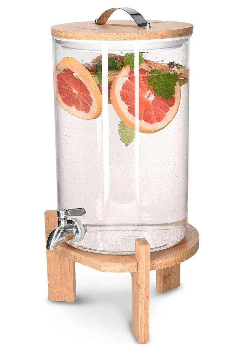 1Chase Borosilicate Glass Beverage Dispenser with Spigot and Wooden Stand 8L