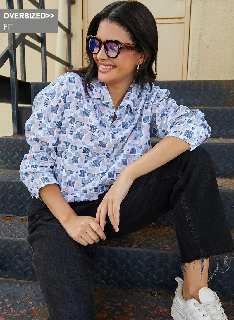 Campus Sutra Women's Indigo Blue Cubic Overlap Oversized Shirt