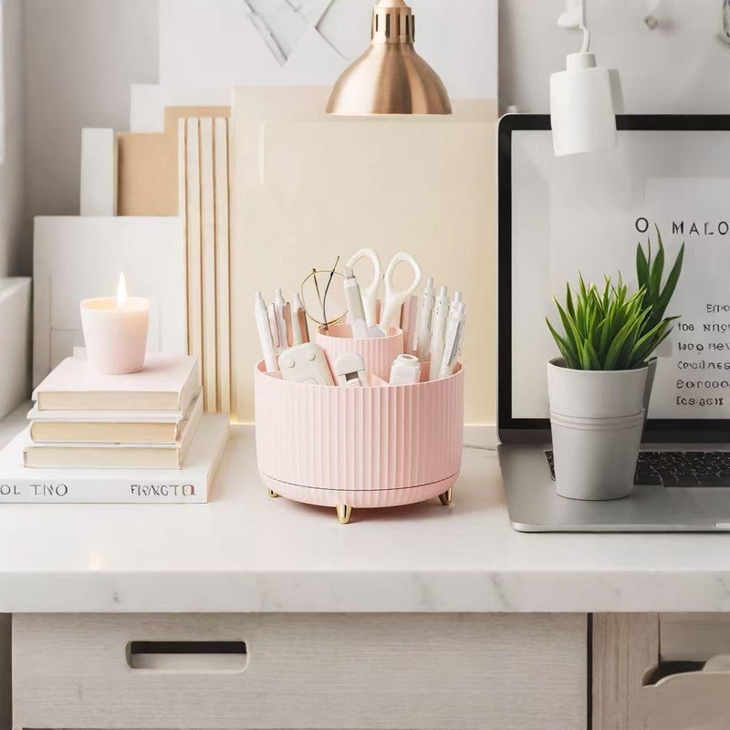 Reflygen 360 Degree Rotating Desktop Organizer,Makeup Brushes,Pencils,Desktop Stationery Storage Rotating Rack,Premium Plastic Organizer For Office,School And Home (Pink) - Image 1