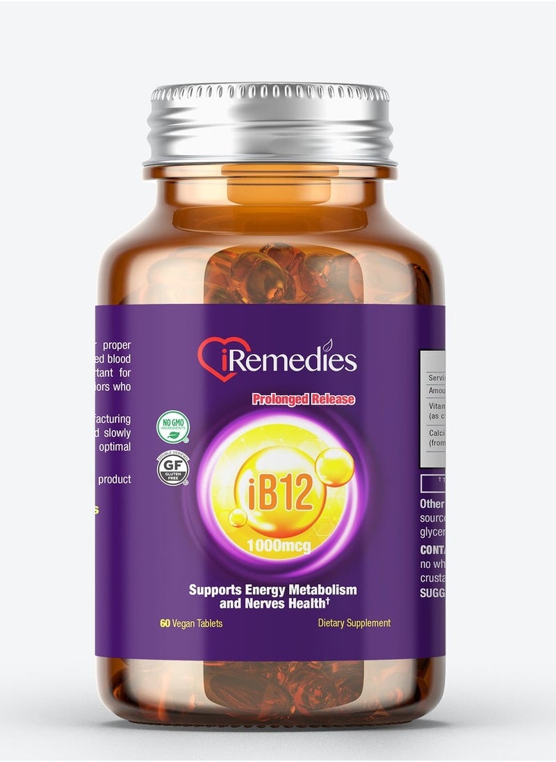 iRemedies iB12 1000 mcg Prolonged Release – 60 Vegan Tablets – gluten free  - Image 1