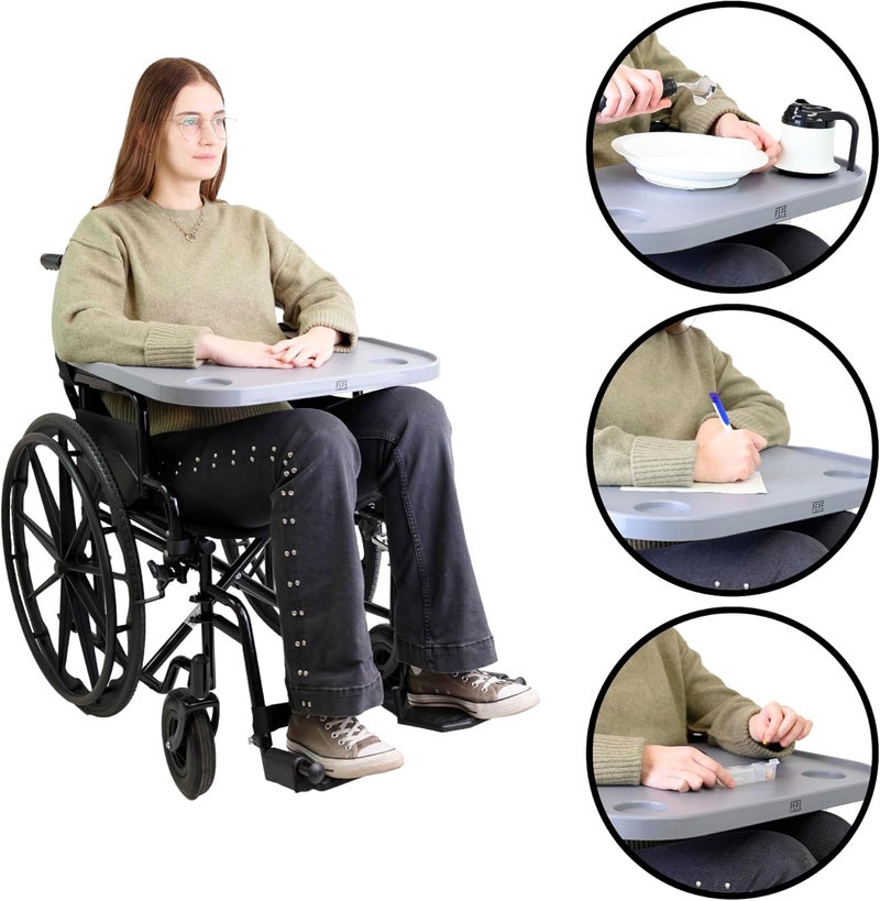 PEPE Mobility Removable Wheelchair Tray with Cup Holder, Dining Table and Universal Accessory, Easy to Install, Grey - Image 5