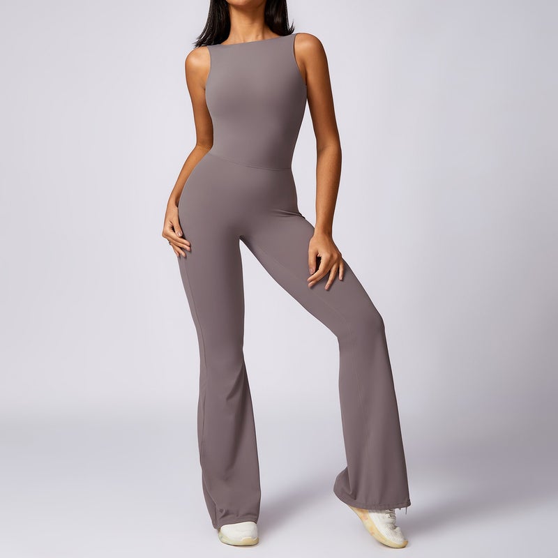 Zechuang Women's Peach Butt-Lifting Yoga Jumpsuit, Casual Fit with Micro Flared Design