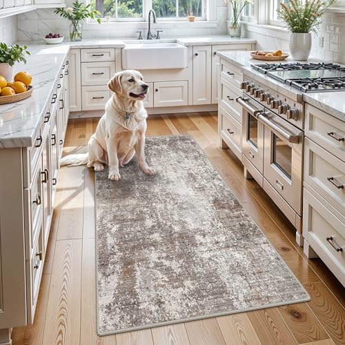 BYYVOO 3x5 Washable Entryway Rug NonSlip Rubber Backed Small Area Rug for Kitchen Bedroom Living Room Office Soft LowPile Thin Modern Abstract Neutral Throw Rug Brown Beige 3x5 - Image 1