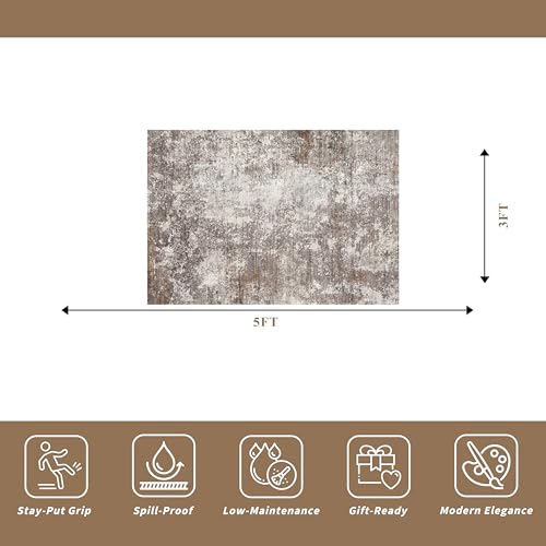BYYVOO 3x5 Washable Entryway Rug NonSlip Rubber Backed Small Area Rug for Kitchen Bedroom Living Room Office Soft LowPile Thin Modern Abstract Neutral Throw Rug Brown Beige 3x5 - Image 3