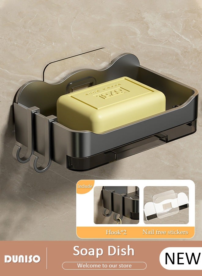 DUNISO Self Draining Soap Dish, Wall Mounted Soap Tray for Bathroom Tile, Open-Type Bar Soap Holder with Hook and Water storage tray, Self-Adhesive Soap Bar Container, Soap Saver for Shower, Bathroom, Kitchen - Image 1