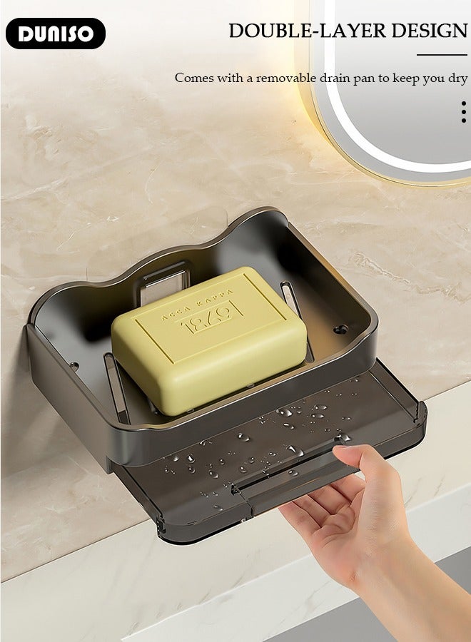 DUNISO Self Draining Soap Dish, Wall Mounted Soap Tray for Bathroom Tile, Open-Type Bar Soap Holder with Hook and Water storage tray, Self-Adhesive Soap Bar Container, Soap Saver for Shower, Bathroom, Kitchen - Image 2