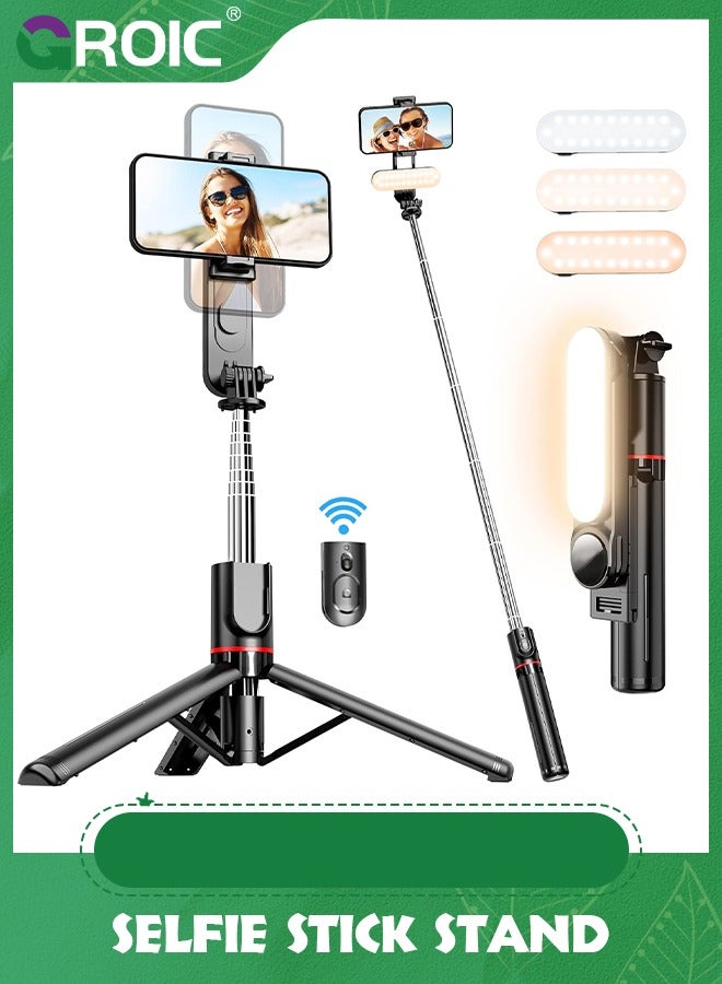 GROIC Stable Selfie Stick Tripod with Fill Light, 44 Inch Extendable Selfie Stick with Wireless Remote and Tripod Stand 360 Rotation for iPhone, Samsung and Smartphone - Image 1
