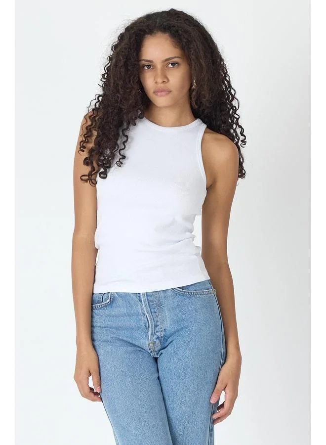 mmetalic Ribbed White Regular Fit Standard Cut Cotton Women's Crew Neck Sleeveless Tank Top