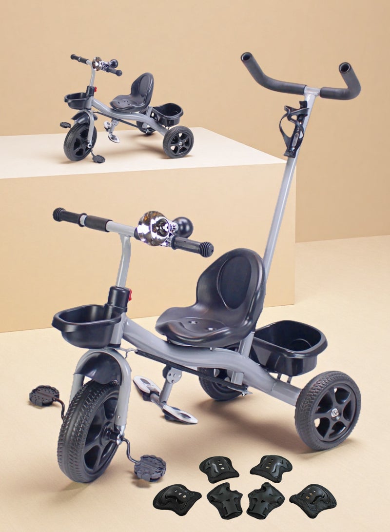 إيزي فيتشور دراجة ثلاثية العجلات سهلة الاستخدام بمقبض دفع للوالدين للأطفال - لعبة ركوب دراجة أطفال مع سلة تخزين (خيارات الألوان الرمادية/الحمراء/الوردية) تتضمن العبوة مجموعة معدات الحماية - Image 1