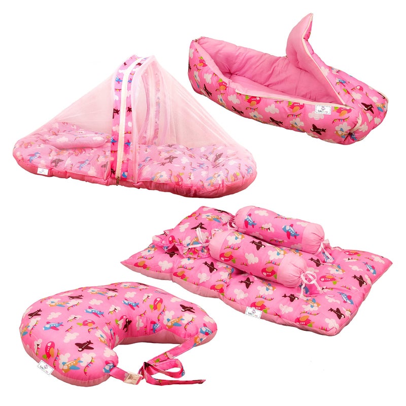 SafeChamp Skyler Baby 4 Piece Bedding Set with Pillow and Bolsters Sleeping Bag and Bedding Set and Feeding Pillow Combo (Pack - 4) (Pink) - Image 1