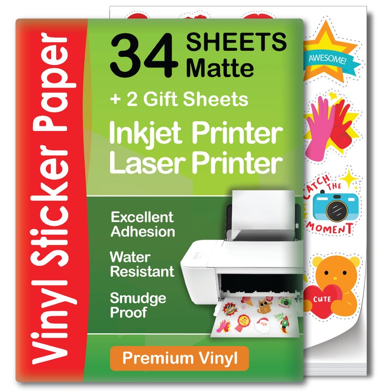 AgoDeo Premium Printable Vinyl Sticker Paper for Inkjet & Laser Printer - 34 Sheets Self-Adhesive Sheets Matte White Waterproof, Dries Quickly Vivid Colors, Holds Ink well- Tear Resistant - Image 1