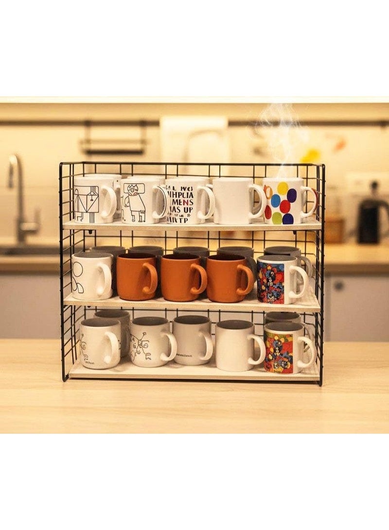 Mug storage stand, 3 wooden shelves, rust-resistant metal frame, modern industrial design, for organizing coffee and beverages. - Image 1
