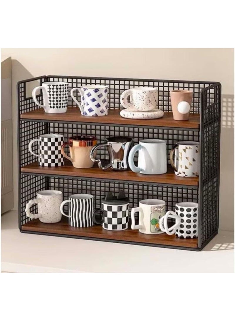 Mug storage stand, 3 wooden shelves, rust-resistant metal frame, modern industrial design, for organizing coffee and beverages. - Image 2
