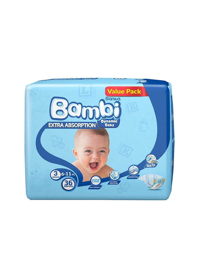 Sanita Bambi Size 3, Medium, 6-11 Kg, Value Pack, 36 Diapers - Image 2