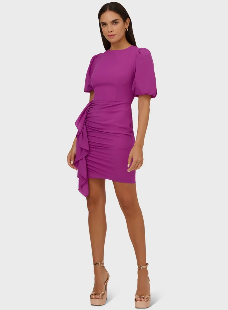 AIDAN MATTOX Balloon Sleeve Waterfall Trim Dress