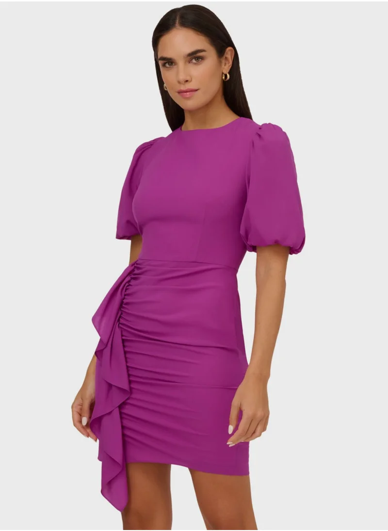 AIDAN MATTOX Balloon Sleeve Waterfall Trim Dress