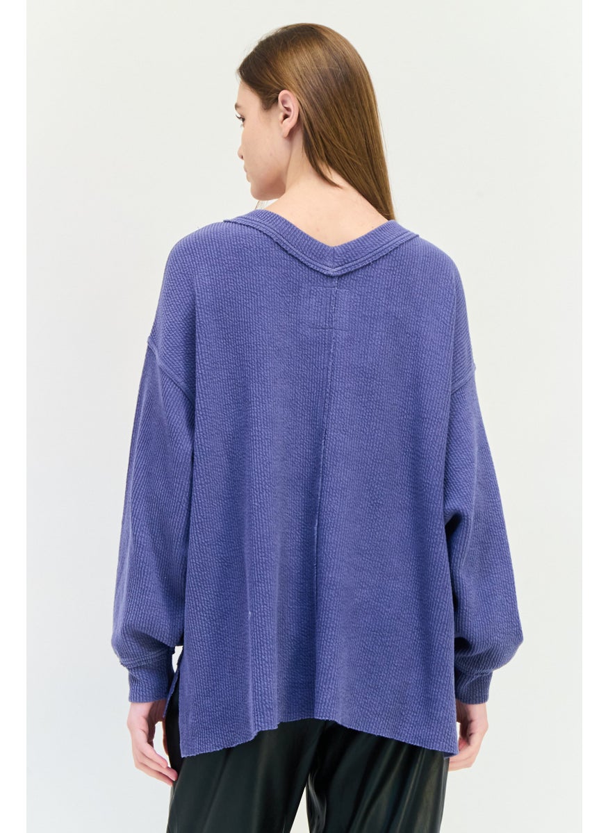 Aerie Women V-Neck Textured Sweater, Slate Blue  - Image 3