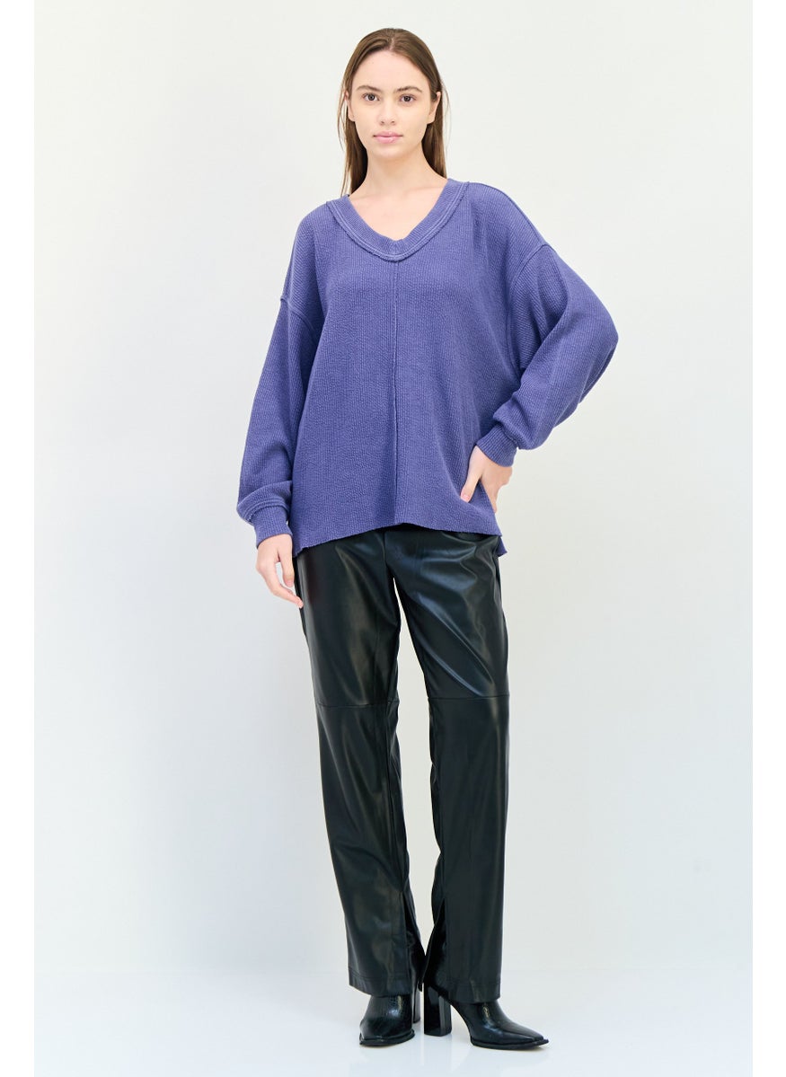 Aerie Women V-Neck Textured Sweater, Slate Blue  - Image 2