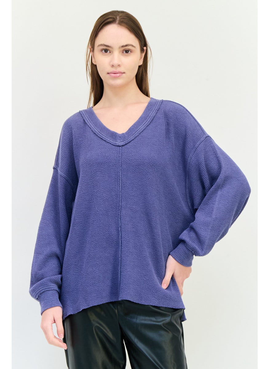 Aerie Women V-Neck Textured Sweater, Slate Blue  - Image 1