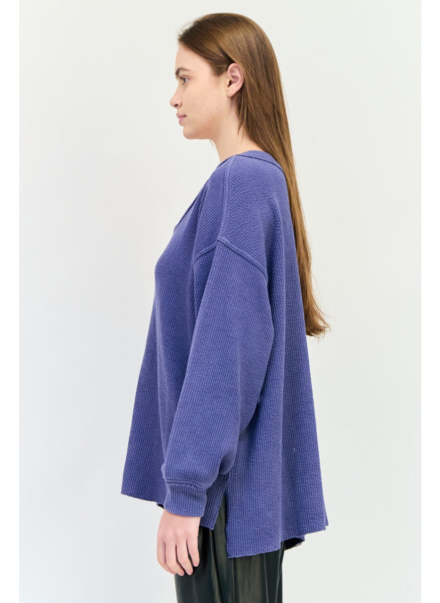 Aerie Women V-Neck Textured Sweater, Slate Blue  - Image 4
