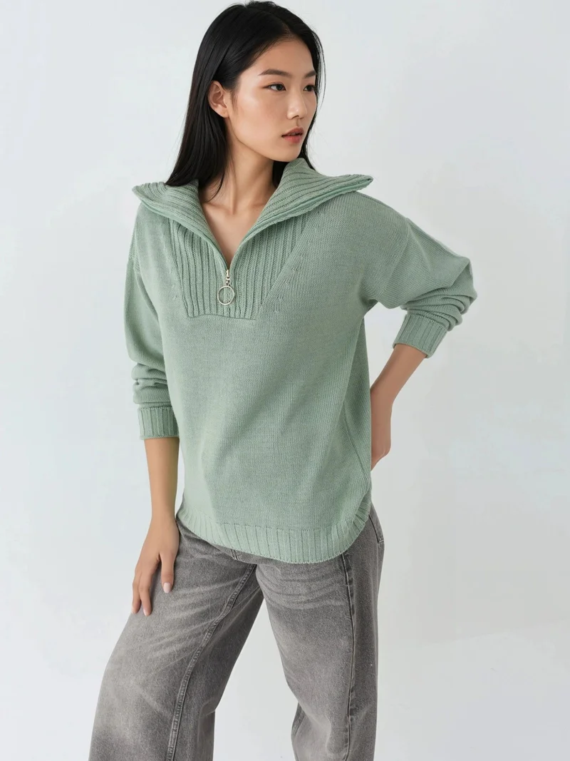 موضتي كنزة صوفية مضلعة بقصة واسعة وياقة بسحاب