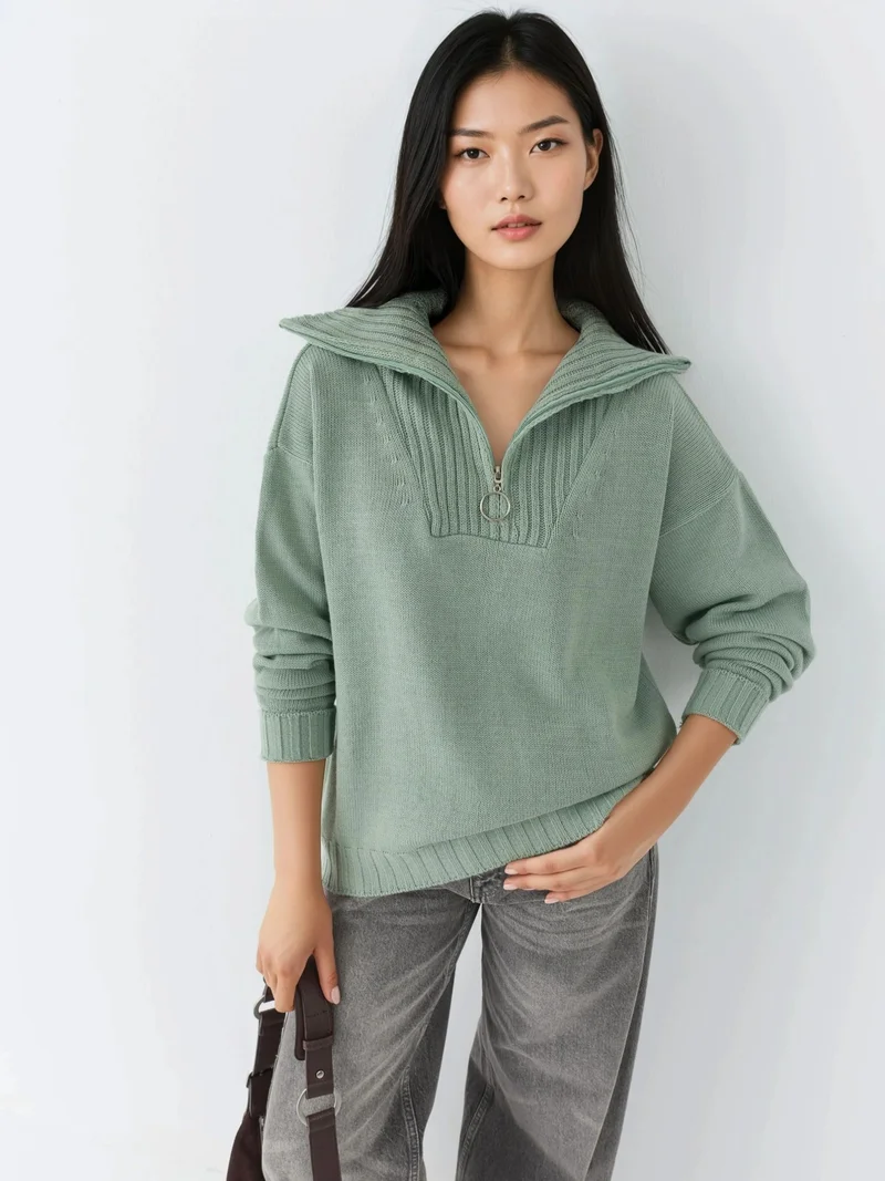 موضتي كنزة صوفية مضلعة بقصة واسعة وياقة بسحاب