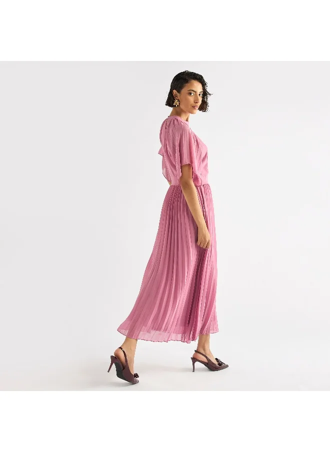 FAV Pleated Maxi Dress with Ruffle Sleeves