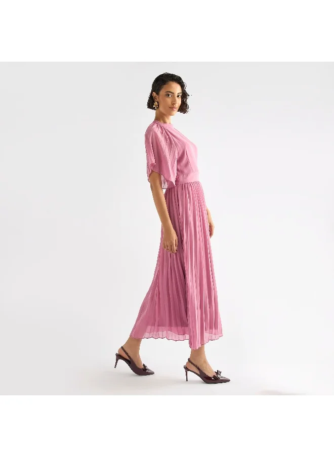 FAV Pleated Maxi Dress with Ruffle Sleeves