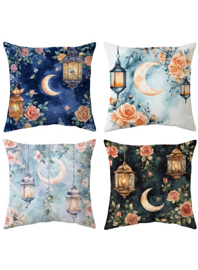 THROW PILLOW COVERS 4 PACK RAMADAN PILLOW COVERS 18 X 18 INCH BREATHABLE VELVET CUSHION PROTECTORS FOR RAMADAN LIVING ROOM SOFA COUCH DECORATION (PATTERN A, VELVET)