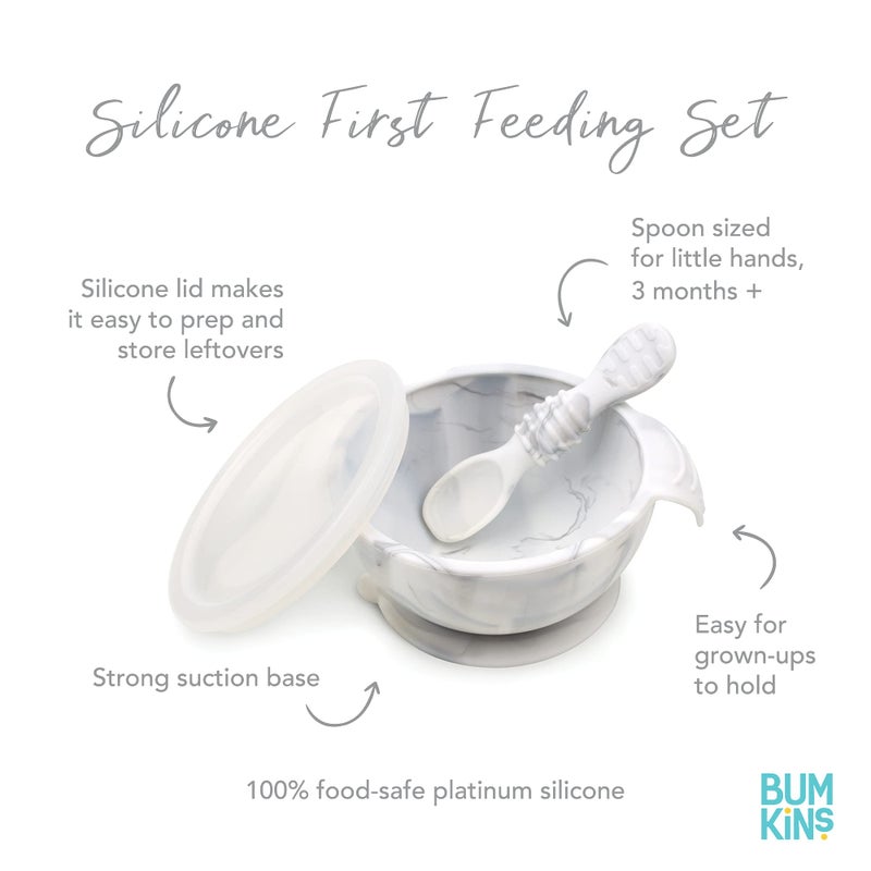 Bumkins Baby Bowl, Silicone Feeding Set with Suction for Baby and Toddler, Includes 4 Spoons and Lid, First Feeding Set, Training Essentials for Baby Led Weaning for Babies 4 Months Up, Marble - Image 5