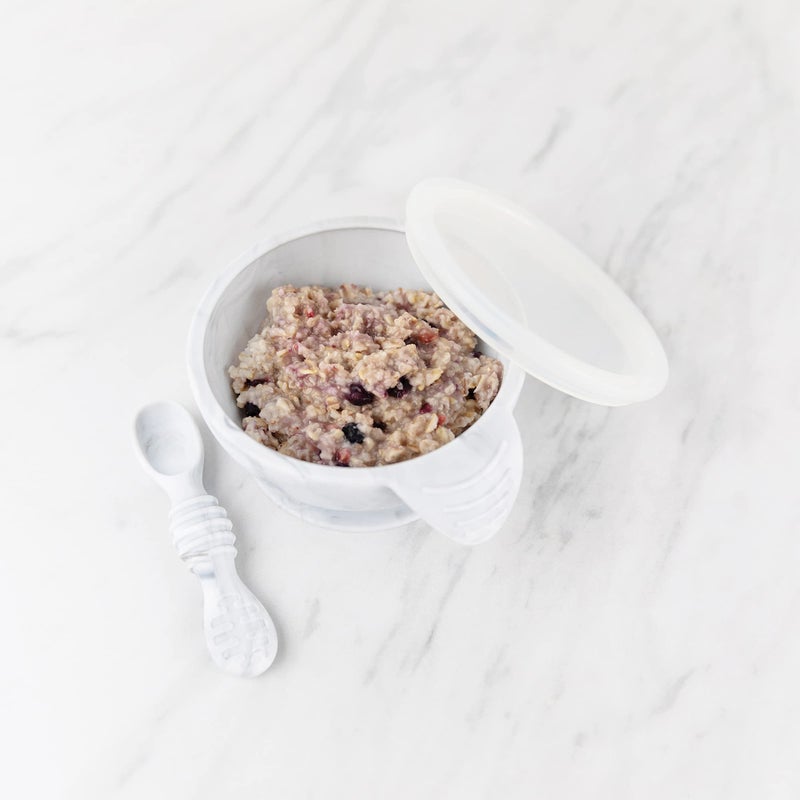 Bumkins Baby Bowl, Silicone Feeding Set with Suction for Baby and Toddler, Includes 4 Spoons and Lid, First Feeding Set, Training Essentials for Baby Led Weaning for Babies 4 Months Up, Marble - Image 4