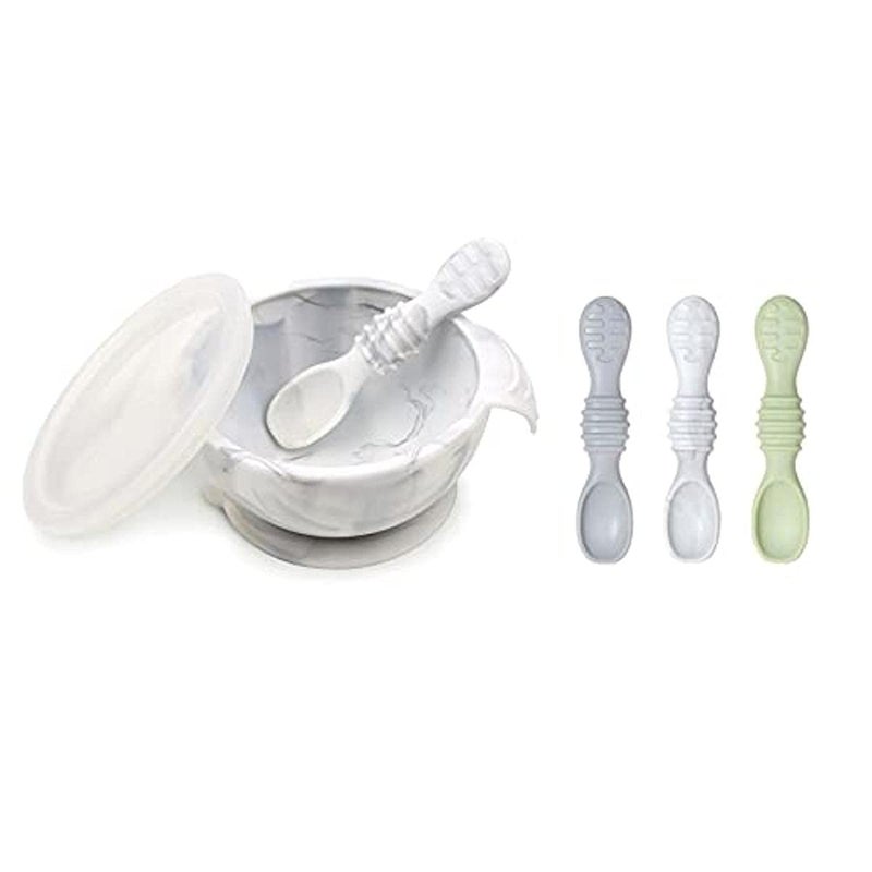 Bumkins Baby Bowl, Silicone Feeding Set with Suction for Baby and Toddler, Includes 4 Spoons and Lid, First Feeding Set, Training Essentials for Baby Led Weaning for Babies 4 Months Up, Marble - Image 1