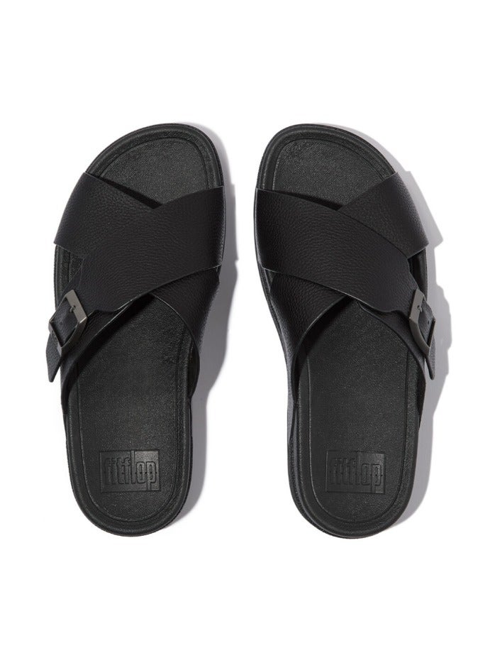 FitFlop 049-829 Fitflop Men Sandals Surfer Mens Buckle Tumbled-Leather Cross Slides - All Black JI2-090 Black  - Image 2
