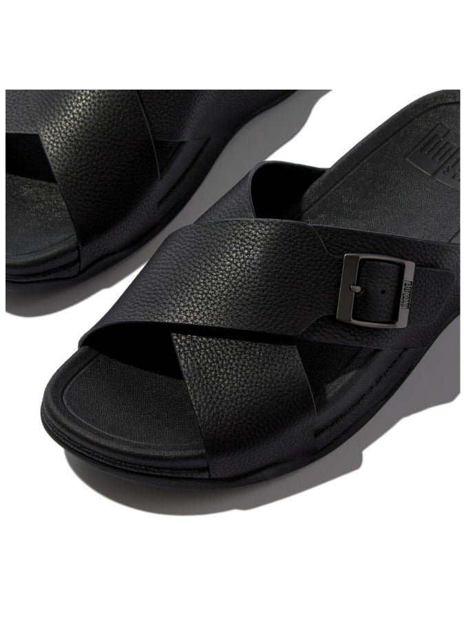 FitFlop 049-829 Fitflop Men Sandals Surfer Mens Buckle Tumbled-Leather Cross Slides - All Black JI2-090 Black  - Image 3
