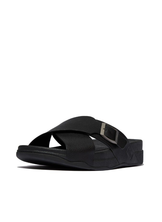 FitFlop 049-829 Fitflop Men Sandals Surfer Mens Buckle Tumbled-Leather Cross Slides - All Black JI2-090 Black  - Image 4