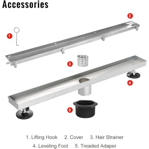 SaniteModar Linear Shower Drain, Linear Drain 28 inch with Tile Insert 2 in 1 Panels, Brushed 304 Stainless Steel Shower Floor Drain,Shower Drain Equipped Adjustable Feet and Hair Filters - Image 4