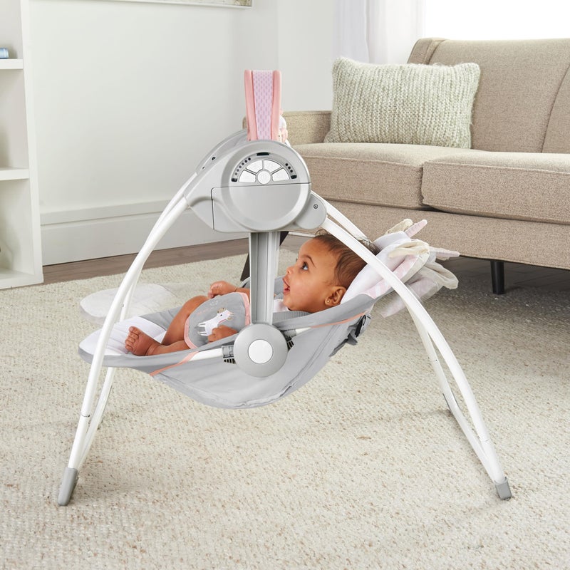 Comfy Cubs Ingenuity Comfort 2 Go Compact Portable 6-Speed Cushioned Baby Swing with Music, Folds Easy, 0-9 Months 6-20 lbs (Pink Flora the Unicorn) - Image 2