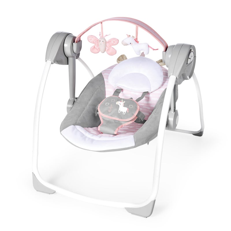 Comfy Cubs Ingenuity Comfort 2 Go Compact Portable 6-Speed Cushioned Baby Swing with Music, Folds Easy, 0-9 Months 6-20 lbs (Pink Flora the Unicorn) - Image 1