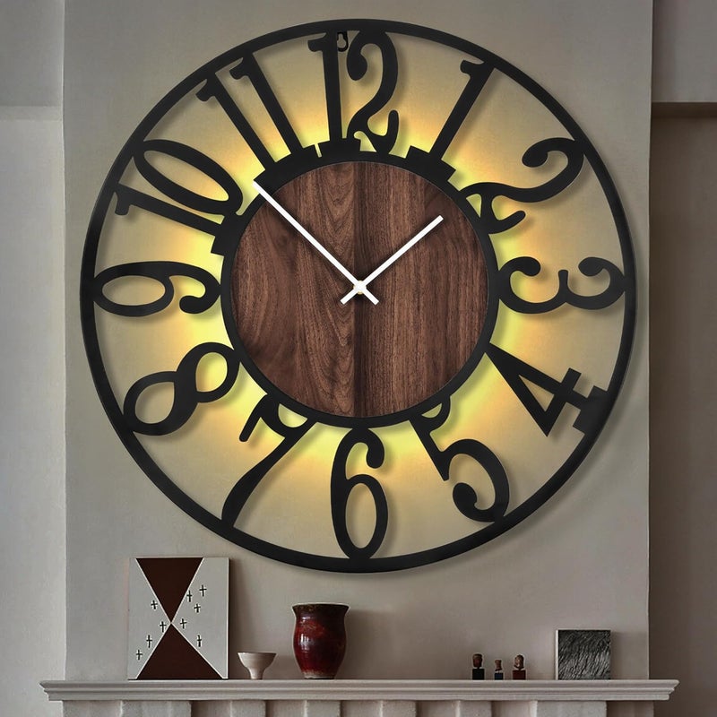 LEIKE Large LED Wall Clocks,Silent,Non Ticking,Battery Operated Rustic Round Modern Big Wood Wall Clock for Living Room, Bedroom,Kitchen,Farmhouse,Office,Home Decor -32" Black,LED,Arabic Number - Image 1