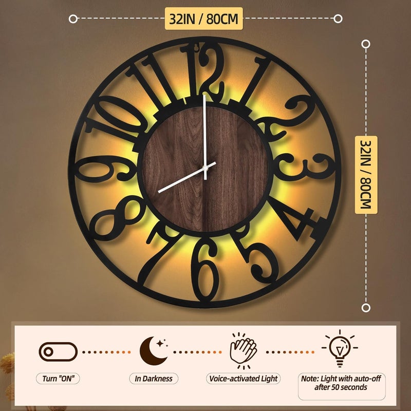 LEIKE Large LED Wall Clocks,Silent,Non Ticking,Battery Operated Rustic Round Modern Big Wood Wall Clock for Living Room, Bedroom,Kitchen,Farmhouse,Office,Home Decor -32" Black,LED,Arabic Number - Image 2