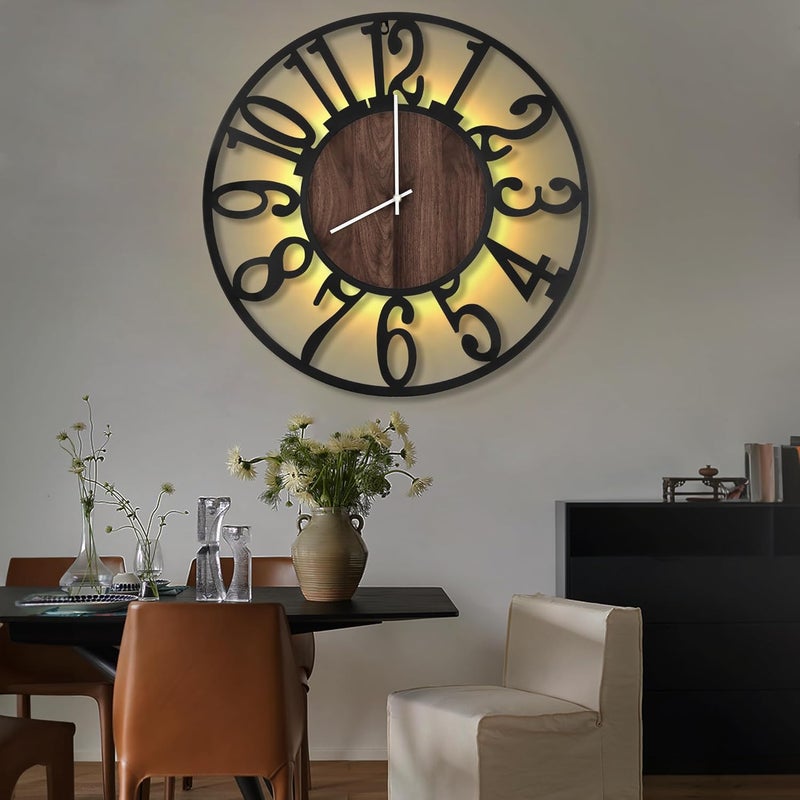 LEIKE Large LED Wall Clocks,Silent,Non Ticking,Battery Operated Rustic Round Modern Big Wood Wall Clock for Living Room, Bedroom,Kitchen,Farmhouse,Office,Home Decor -32" Black,LED,Arabic Number - Image 5