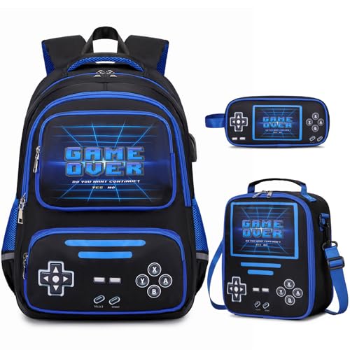 ACESAK Gamer Backpack for Boys - Cool Luminous School Backpack for Boys with Lunch Bag Pencil Case - Kids Elementary Middle School Book Bags for Teen with USB Charging Port (Black - Image 1