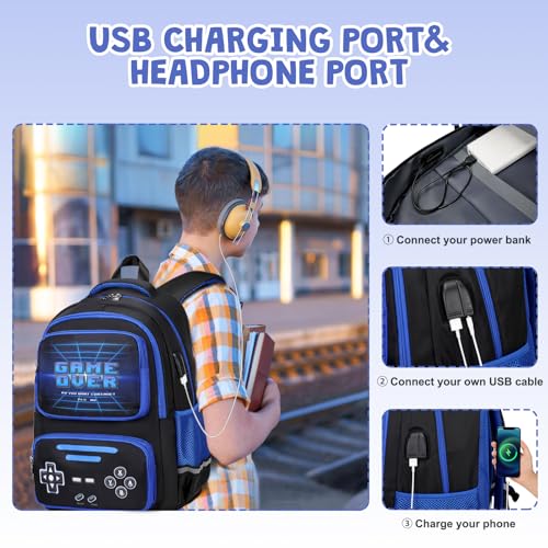 ACESAK Gamer Backpack for Boys - Cool Luminous School Backpack for Boys with Lunch Bag Pencil Case - Kids Elementary Middle School Book Bags for Teen with USB Charging Port (Black - Image 5